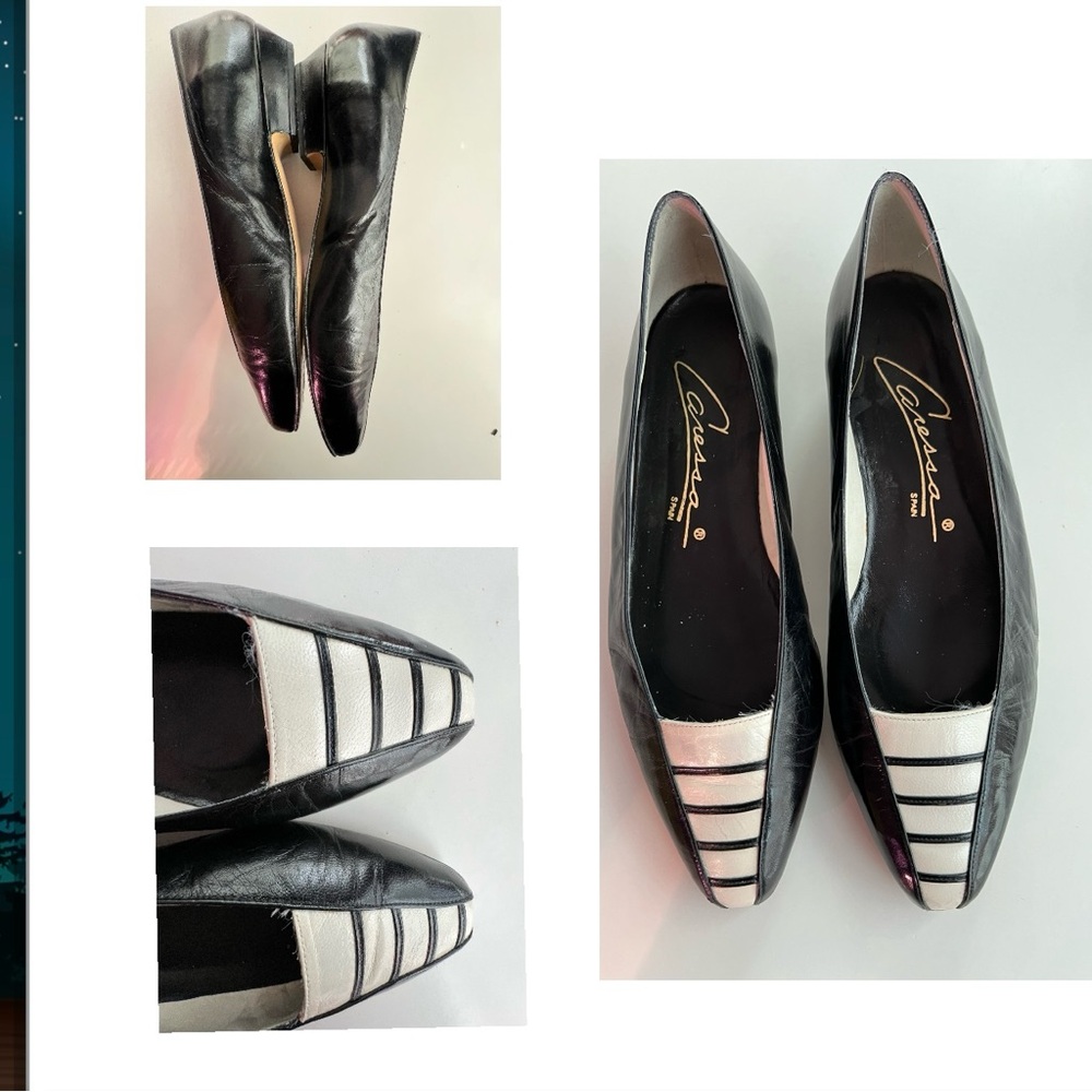 Off-white & black leather flat shoes • modern geo design • from Spain - Picture 3 of 12
